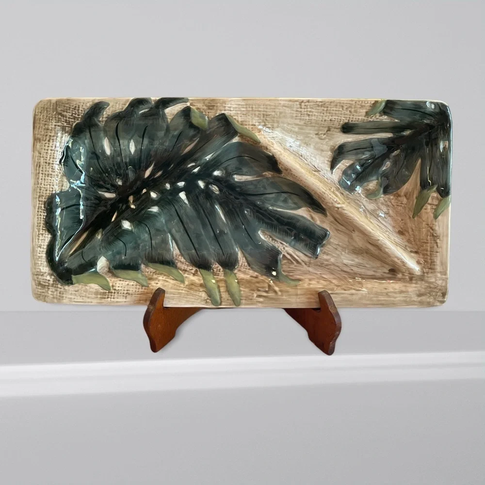 Island Plantations Monstera Leaves Serving Sectional Platter Hand Painted